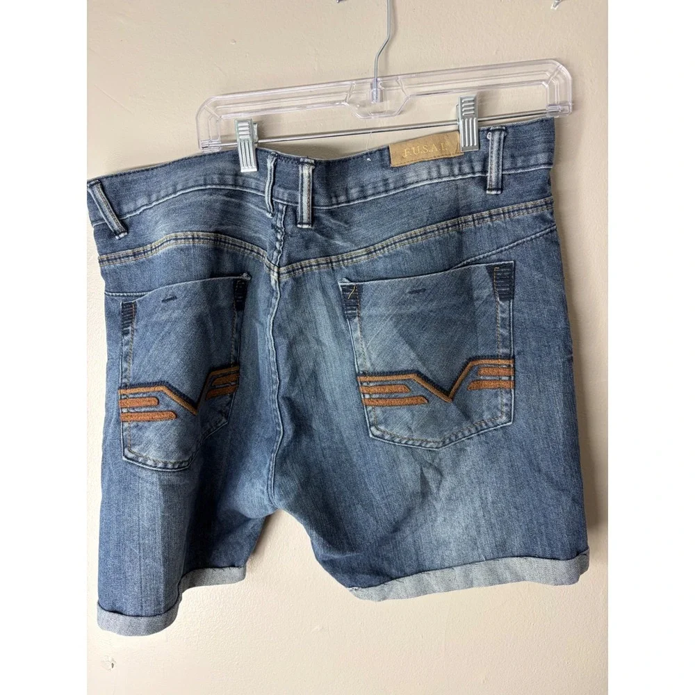 F.U.S.A.I. Mens Denim Shorts Size 40 Blue Medium Wash Cuffed Embroidered Pockets